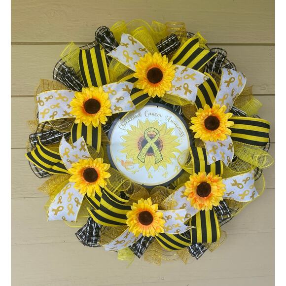 Childhood Cancer Awareness Sunflower Wreath, Yellow Ribbon Awareness Support - Picture 1 of 6